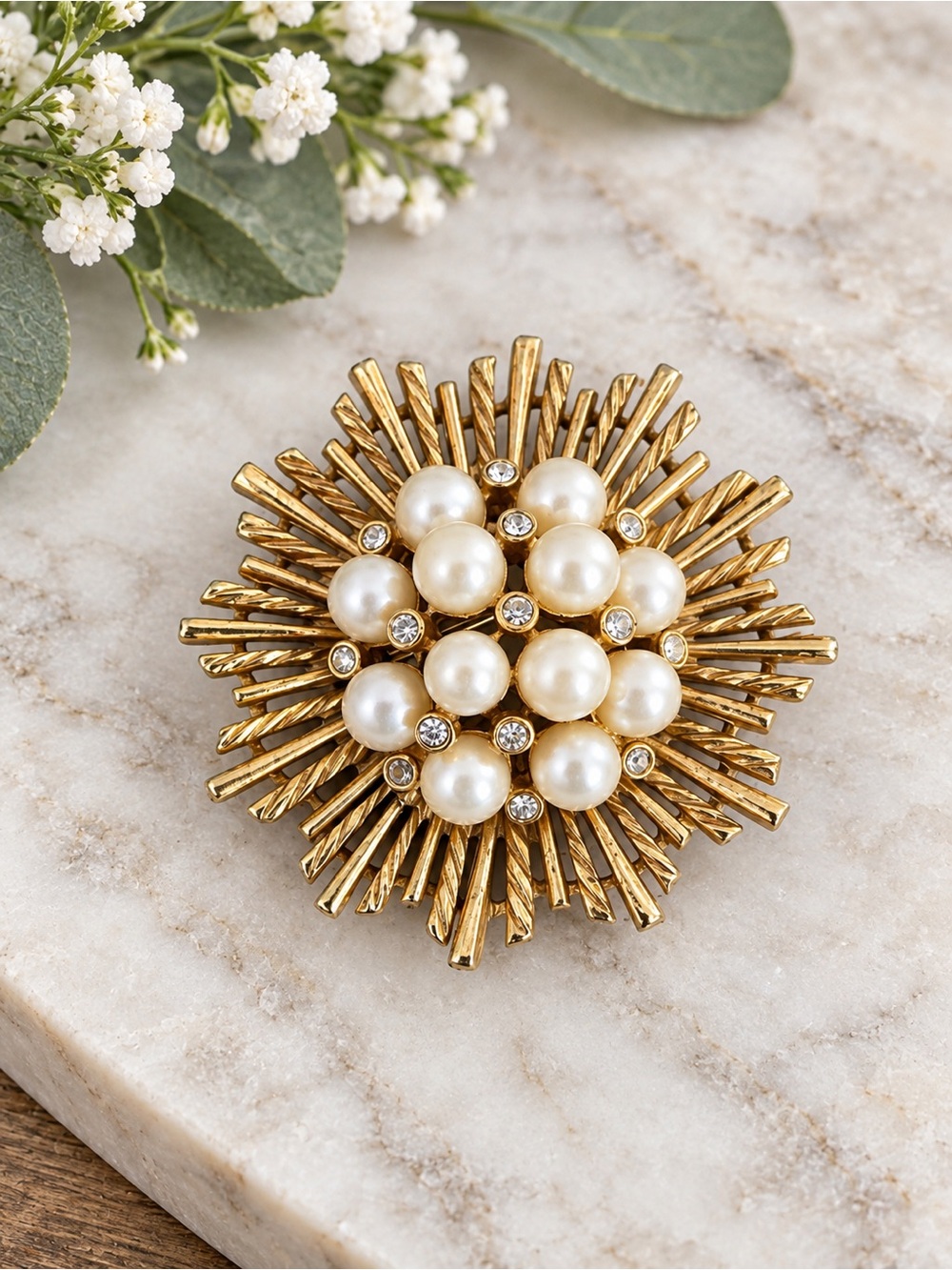 Vintage Kramer Gold Tone Sunburst Brooch Faux Pearl & Rhinestone Statement Pin